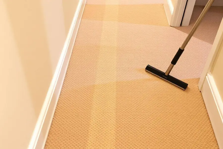 Hallway carpet half cleaned showing a bright stripe next to soiled carpet