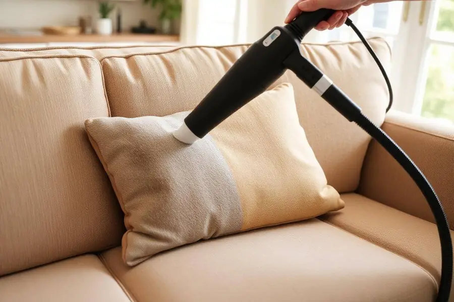 Beige sofa cushion being cleaned, half bright and half soiled